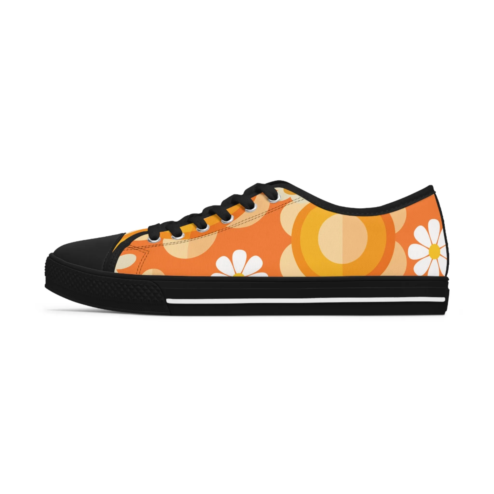 Retro 70s Floral Women's Low Top Sneakers - Trendy Orange Design