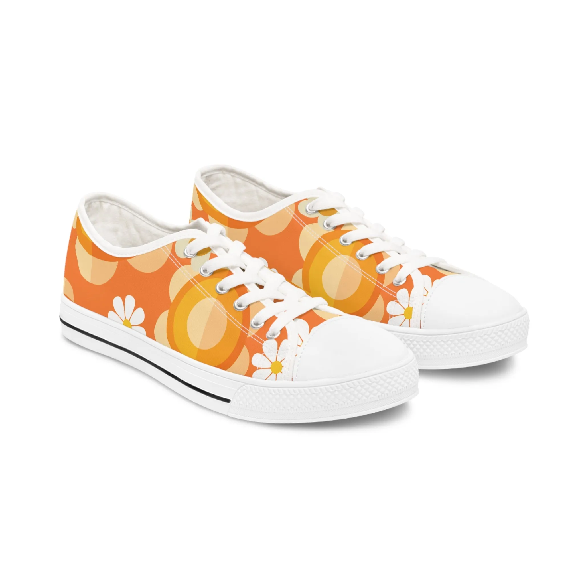 Retro 70s Floral Women's Low Top Sneakers - Trendy Orange Design
