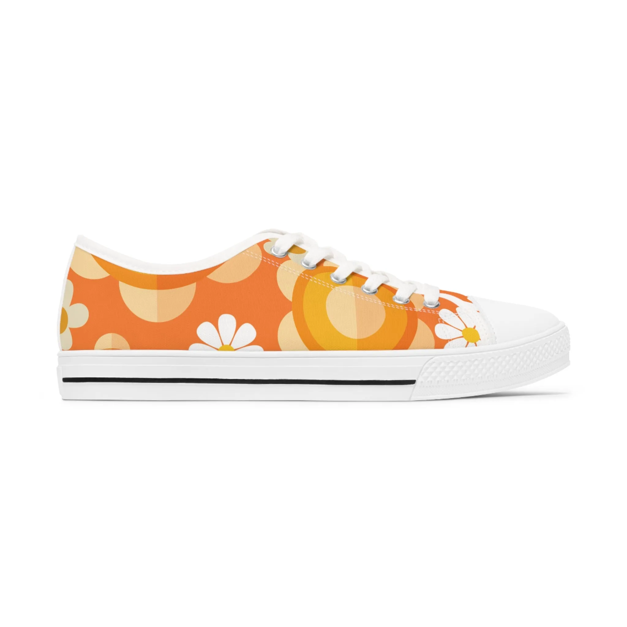 Retro 70s Floral Women's Low Top Sneakers - Trendy Orange Design