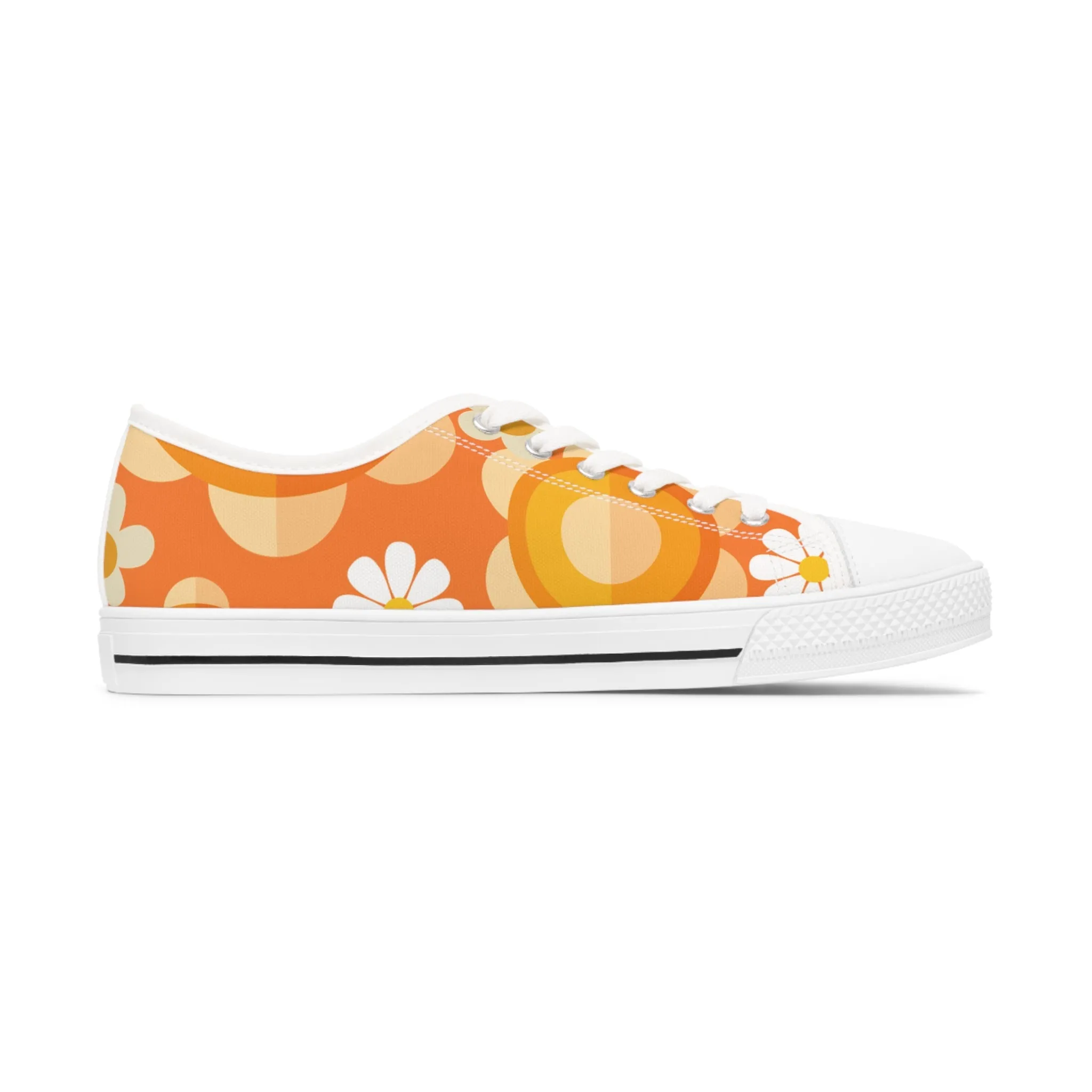 Retro 70s Floral Women's Low Top Sneakers - Trendy Orange Design