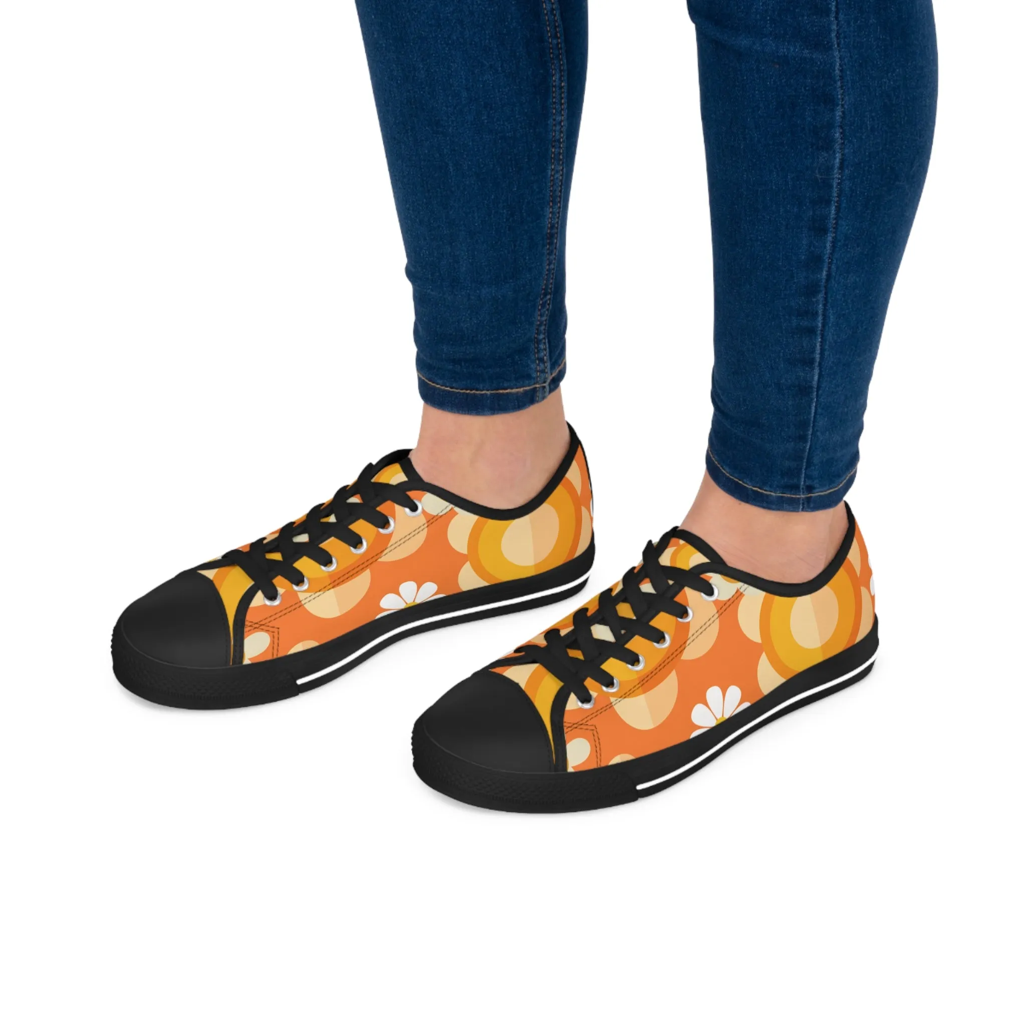 Retro 70s Floral Women's Low Top Sneakers - Trendy Orange Design