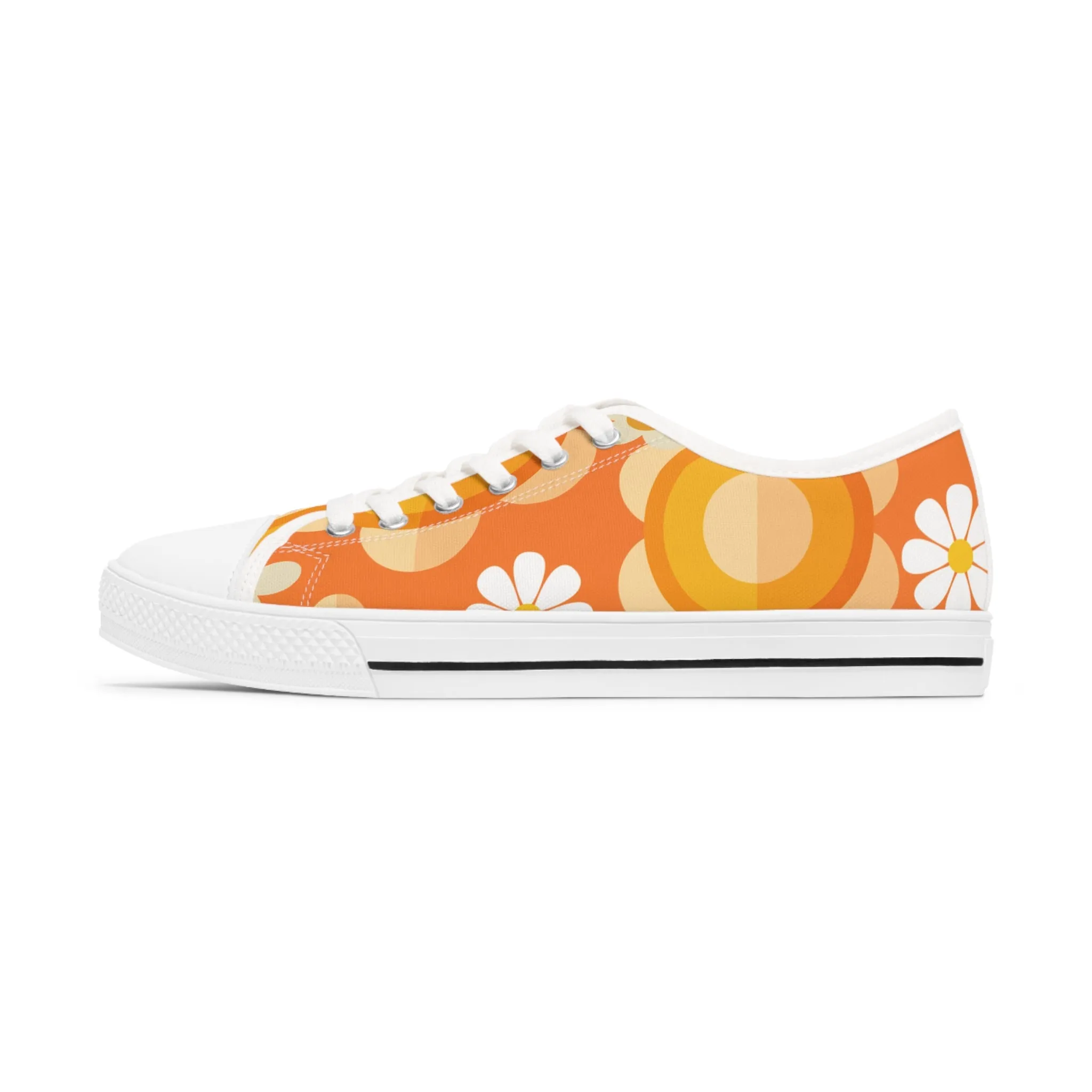 Retro 70s Floral Women's Low Top Sneakers - Trendy Orange Design