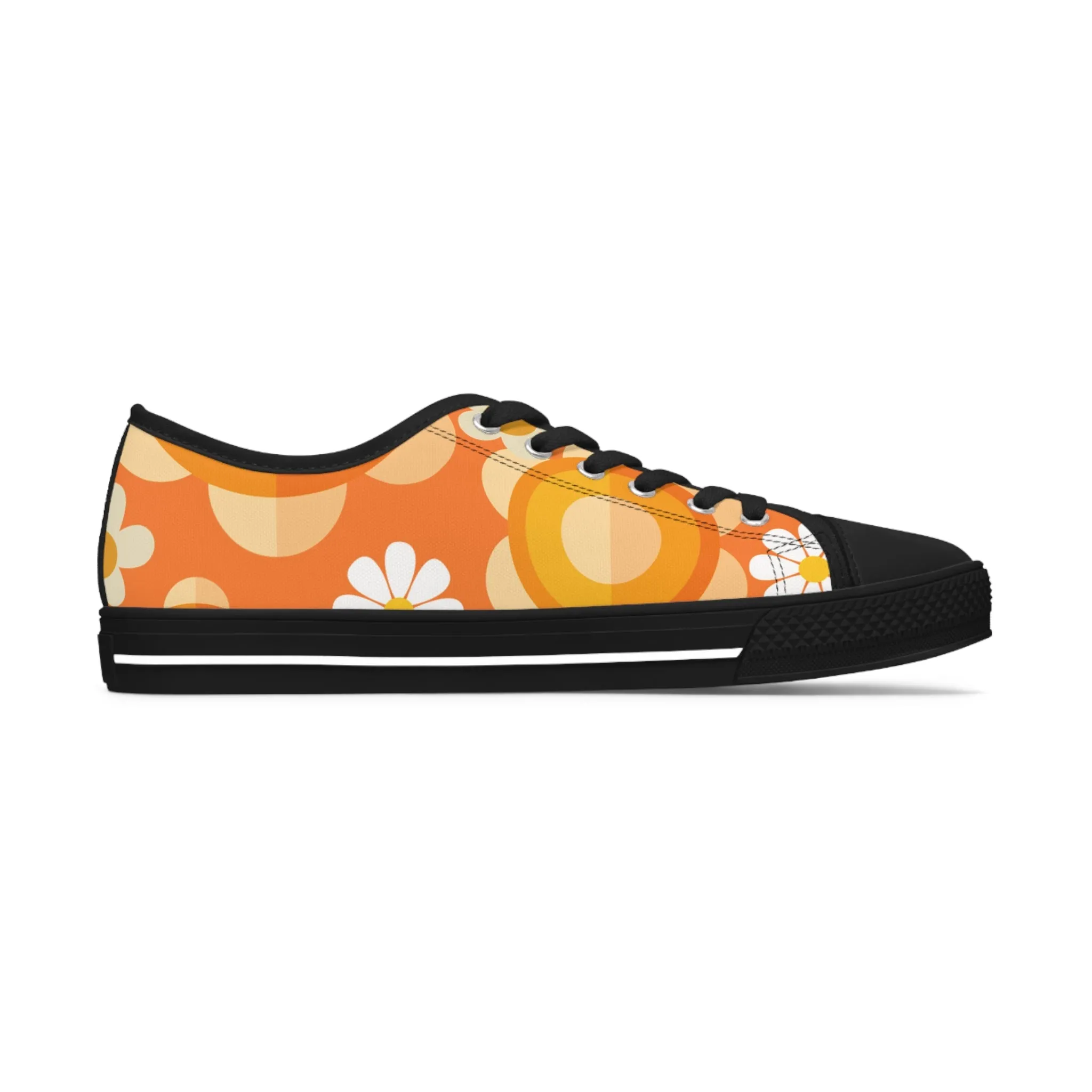 Retro 70s Floral Women's Low Top Sneakers - Trendy Orange Design