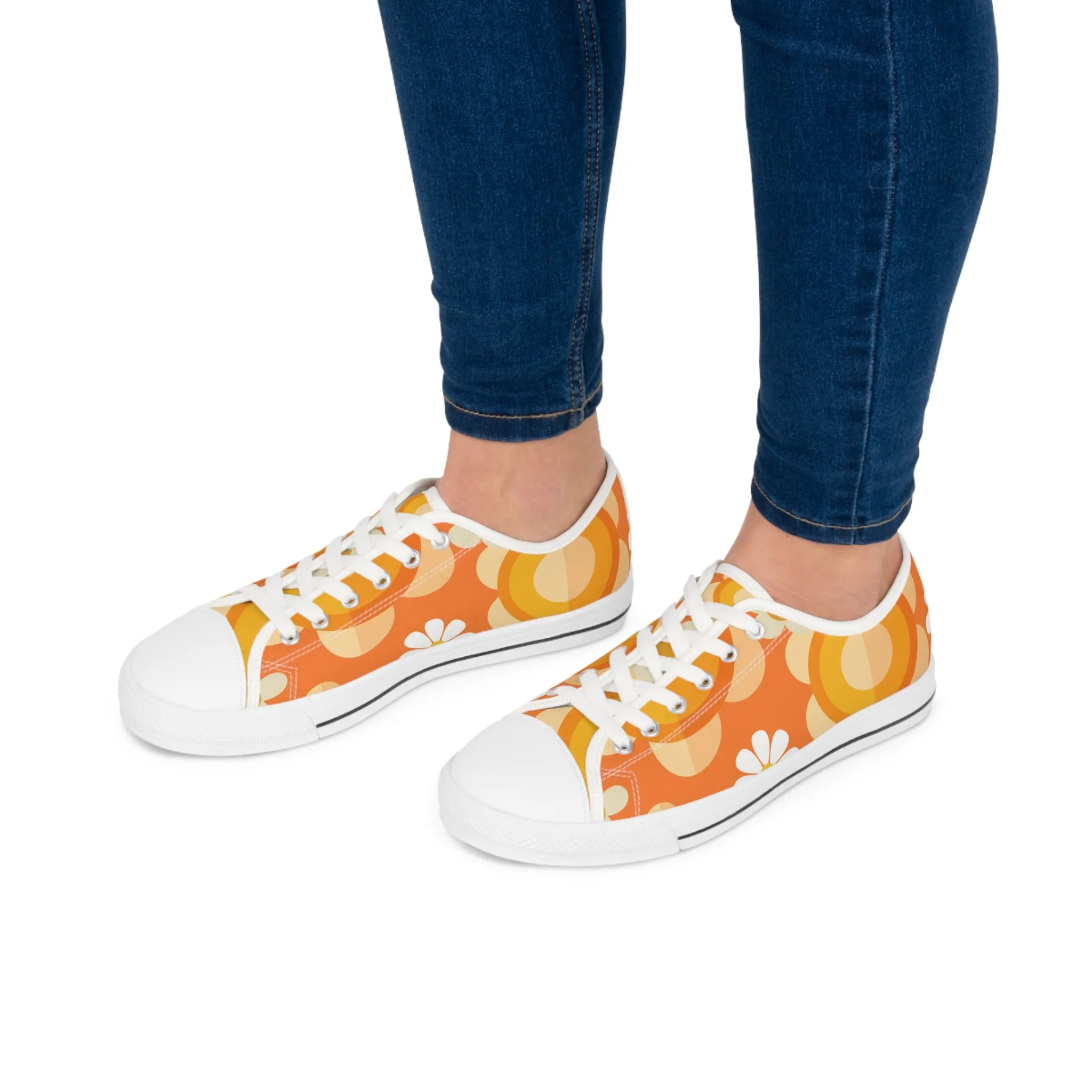Retro 70s Floral Women's Low Top Sneakers - Trendy Orange Design