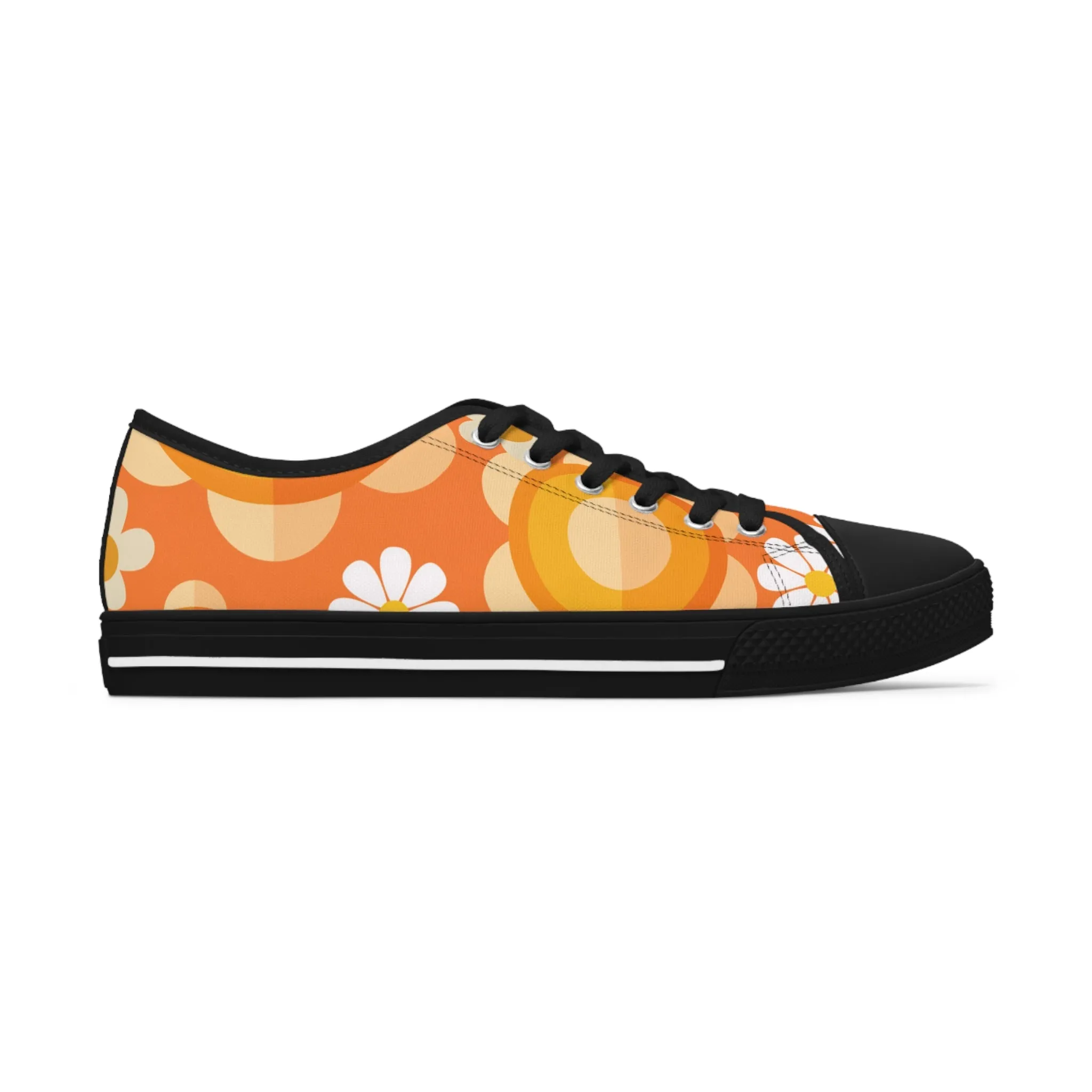 Retro 70s Floral Women's Low Top Sneakers - Trendy Orange Design