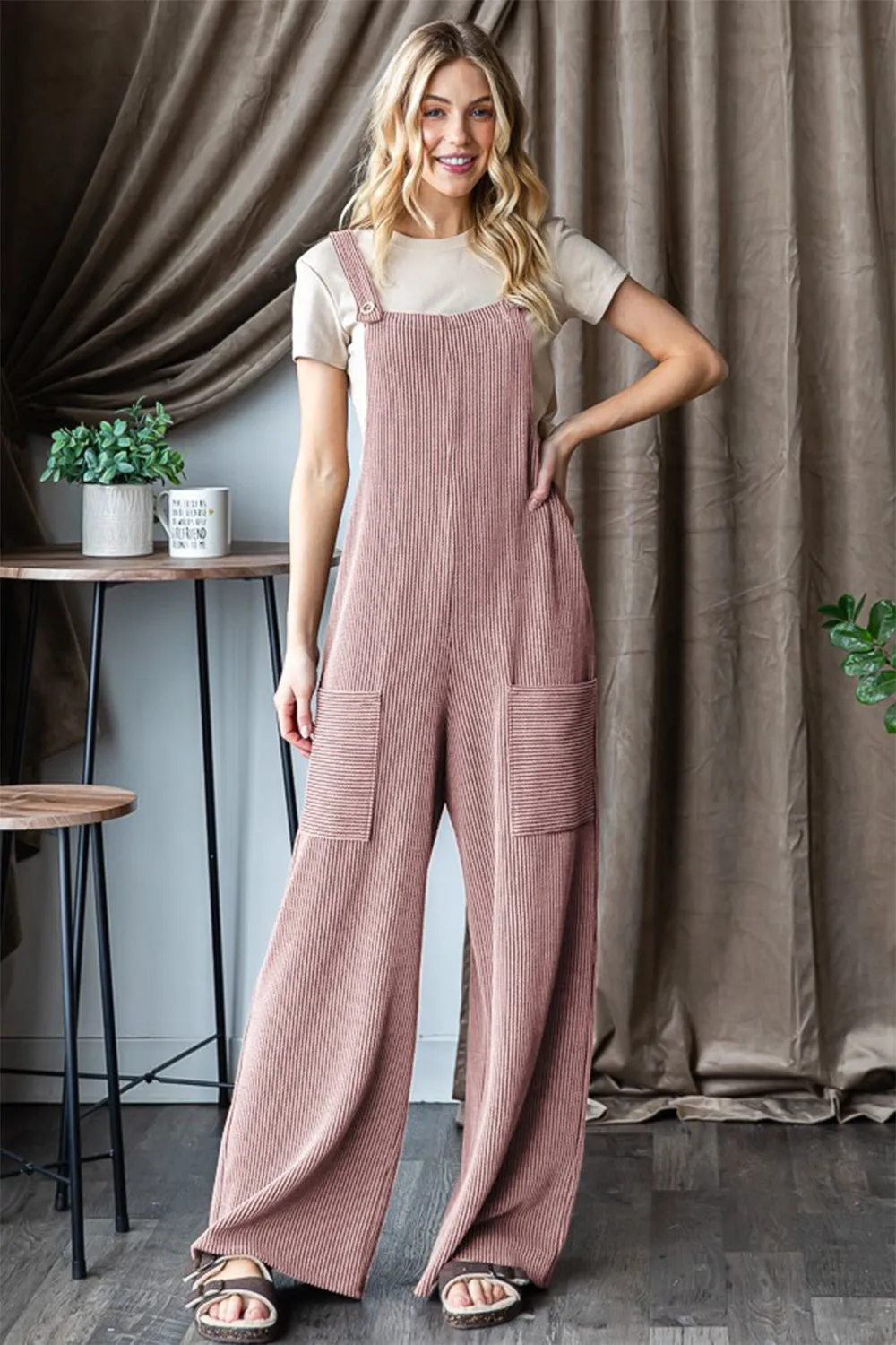 Ribbed Front Pocket Sleeveless Jumpsuit in Blush