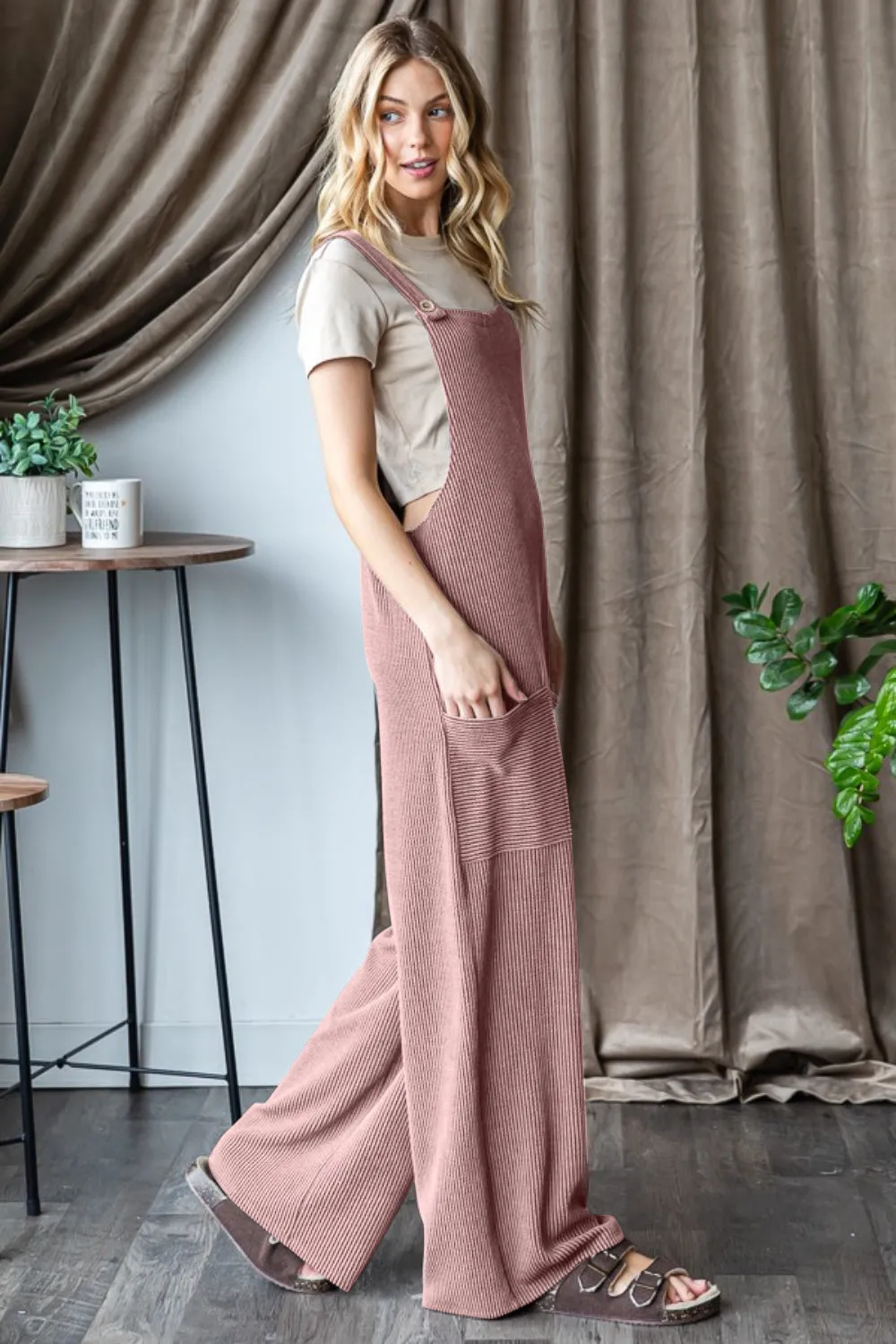 Ribbed Front Pocket Sleeveless Jumpsuit in Blush