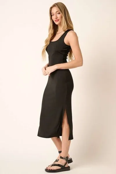 Side Slit Wide Strap Midi Tank Dress in Black
