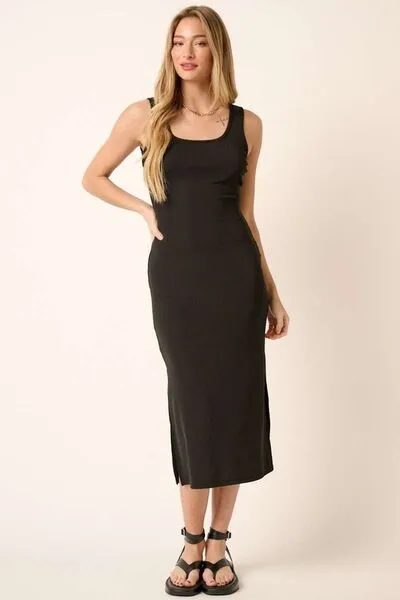 Side Slit Wide Strap Midi Tank Dress in Black