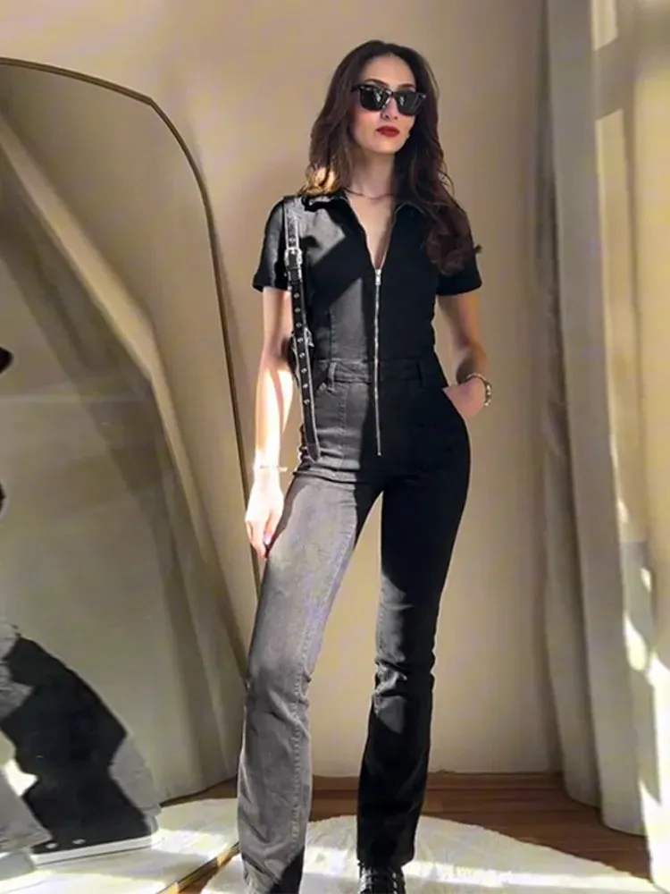 Slim Fit Lapel Denim Jumpsuit