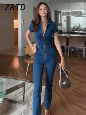 Slim Fit Lapel Denim Jumpsuit
