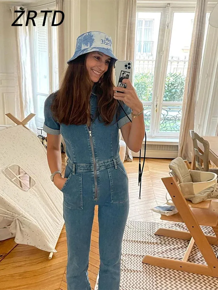 Slim Fit Lapel Denim Jumpsuit