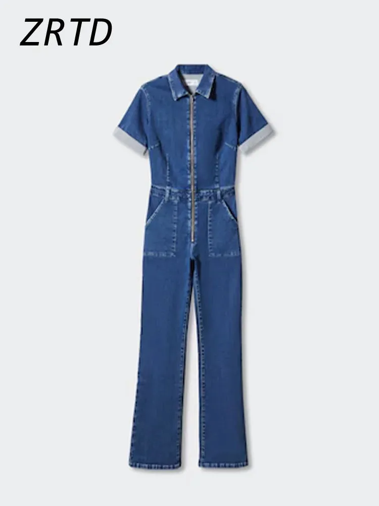 Slim Fit Lapel Denim Jumpsuit