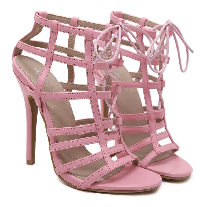 Straps Lace Up Cut Out Open Toe Stiletto High Heels Sandals