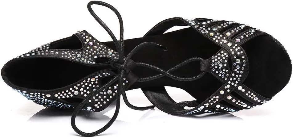 SWDZM Women's Latin Dance Shoes Open-Toe Lace-up Rhinestone Salsa Tango Ballroom Professional Practice Performance Dance Shoes Model-YCL387