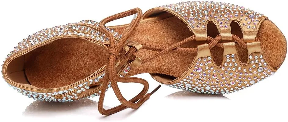 SWDZM Women's Latin Dance Shoes Open-Toe Lace-up Rhinestone Salsa Tango Ballroom Professional Practice Performance Dance Shoes Model-YCL387