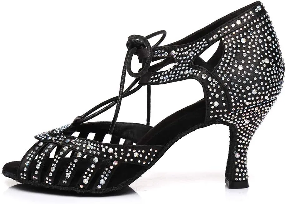 SWDZM Women's Latin Dance Shoes Open-Toe Lace-up Rhinestone Salsa Tango Ballroom Professional Practice Performance Dance Shoes Model-YCL387