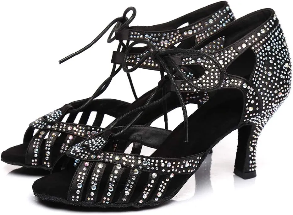 SWDZM Women's Latin Dance Shoes Open-Toe Lace-up Rhinestone Salsa Tango Ballroom Professional Practice Performance Dance Shoes Model-YCL387