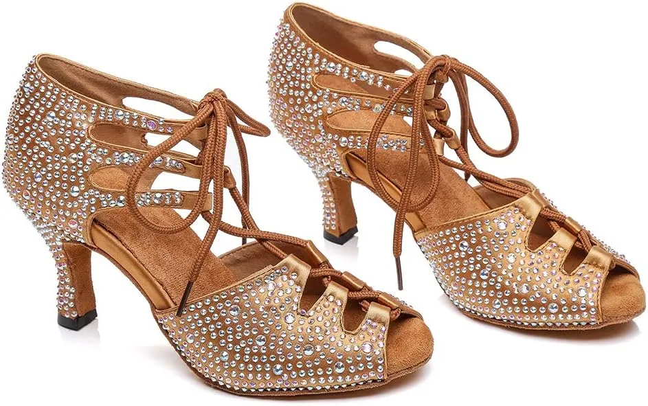 SWDZM Women's Latin Dance Shoes Open-Toe Lace-up Rhinestone Salsa Tango Ballroom Professional Practice Performance Dance Shoes Model-YCL387