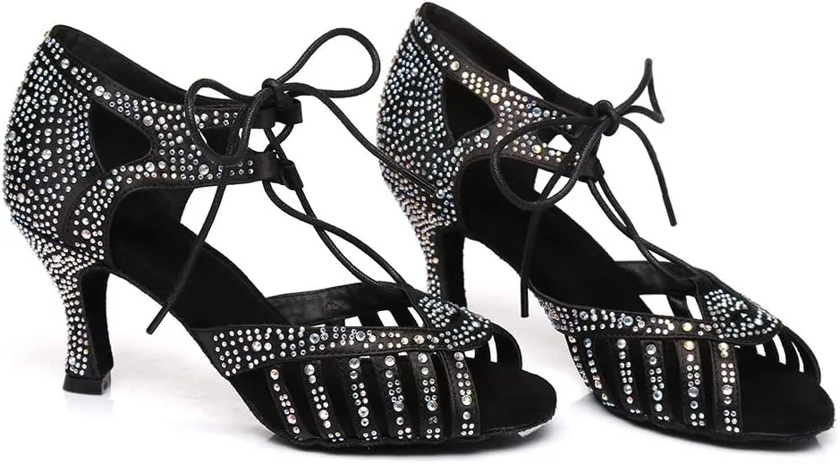 SWDZM Women's Latin Dance Shoes Open-Toe Lace-up Rhinestone Salsa Tango Ballroom Professional Practice Performance Dance Shoes Model-YCL387