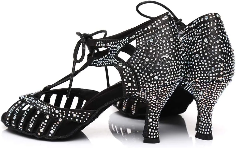 SWDZM Women's Latin Dance Shoes Open-Toe Lace-up Rhinestone Salsa Tango Ballroom Professional Practice Performance Dance Shoes Model-YCL387