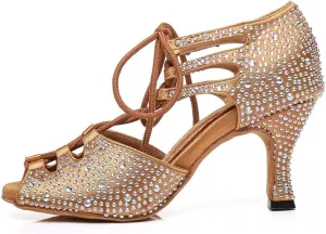 SWDZM Women's Latin Dance Shoes Open-Toe Lace-up Rhinestone Salsa Tango Ballroom Professional Practice Performance Dance Shoes Model-YCL387