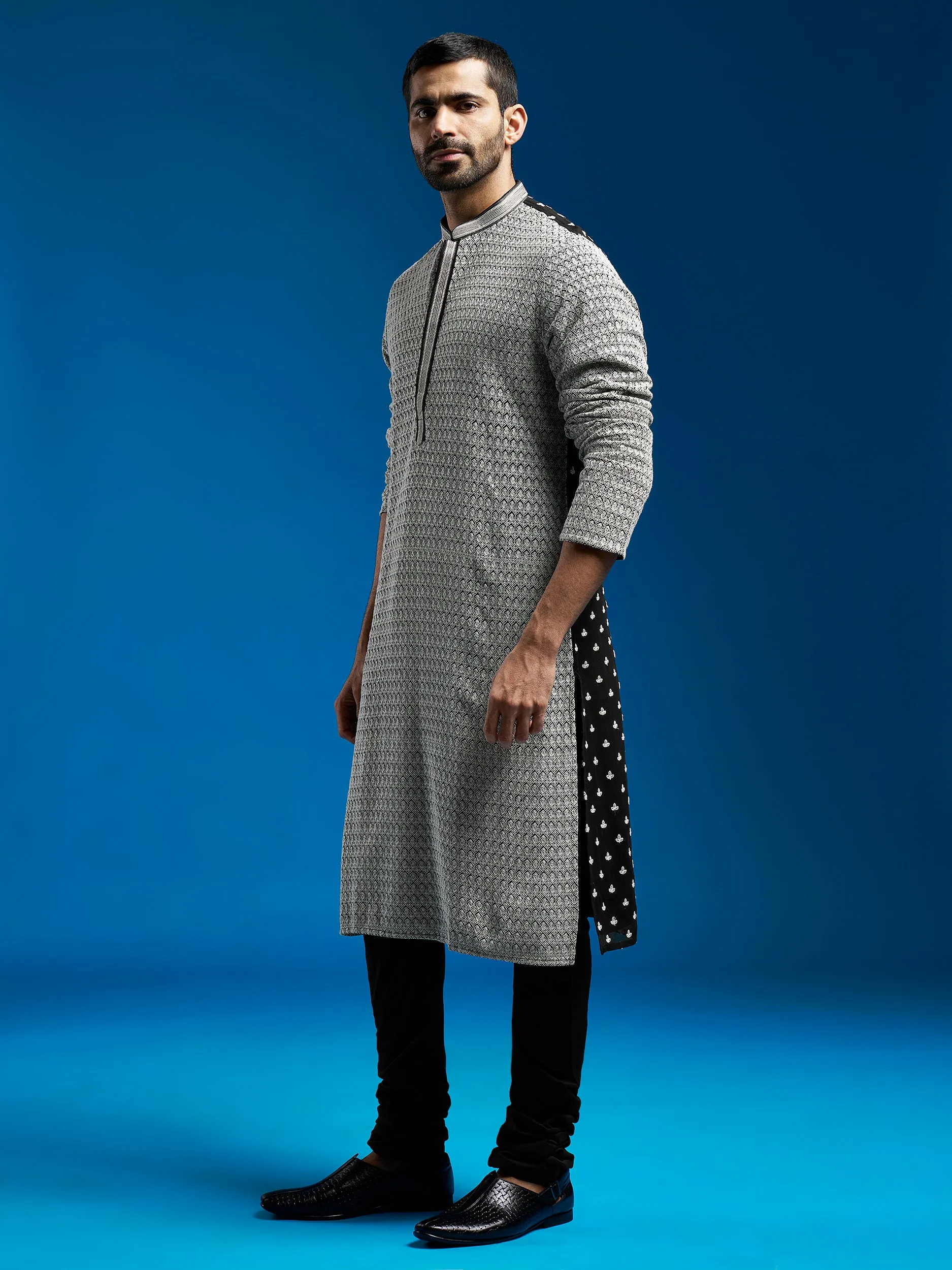 VASTRAMAY Men's Black Georgette Kurta And Pyjama Set