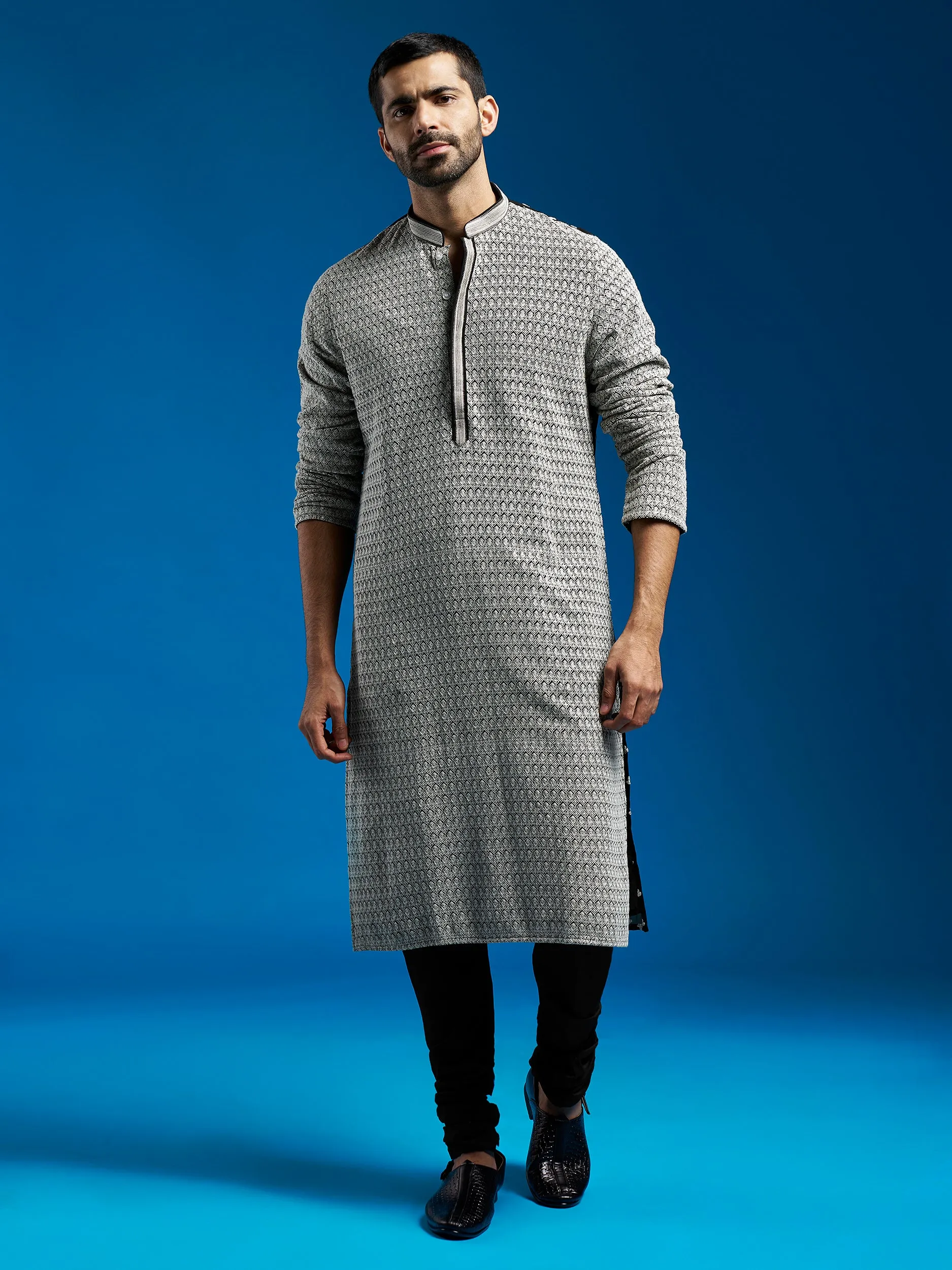 VASTRAMAY Men's Black Georgette Kurta And Pyjama Set