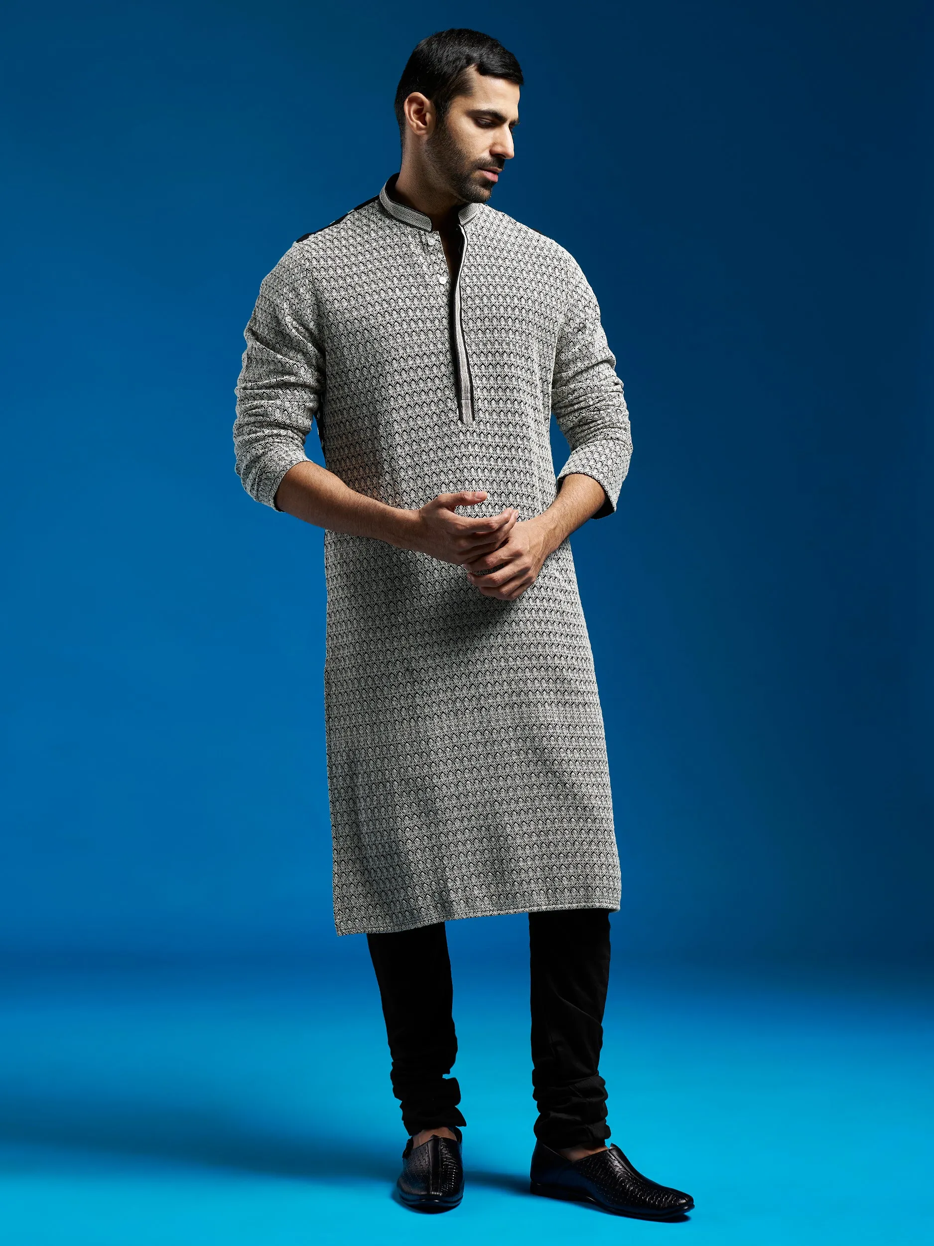 VASTRAMAY Men's Black Georgette Kurta And Pyjama Set