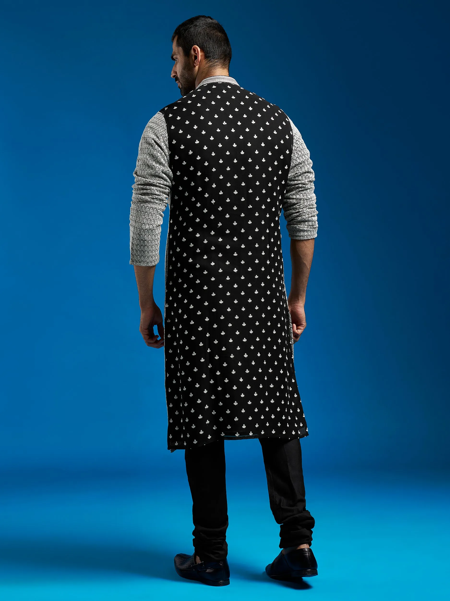 VASTRAMAY Men's Black Georgette Kurta And Pyjama Set