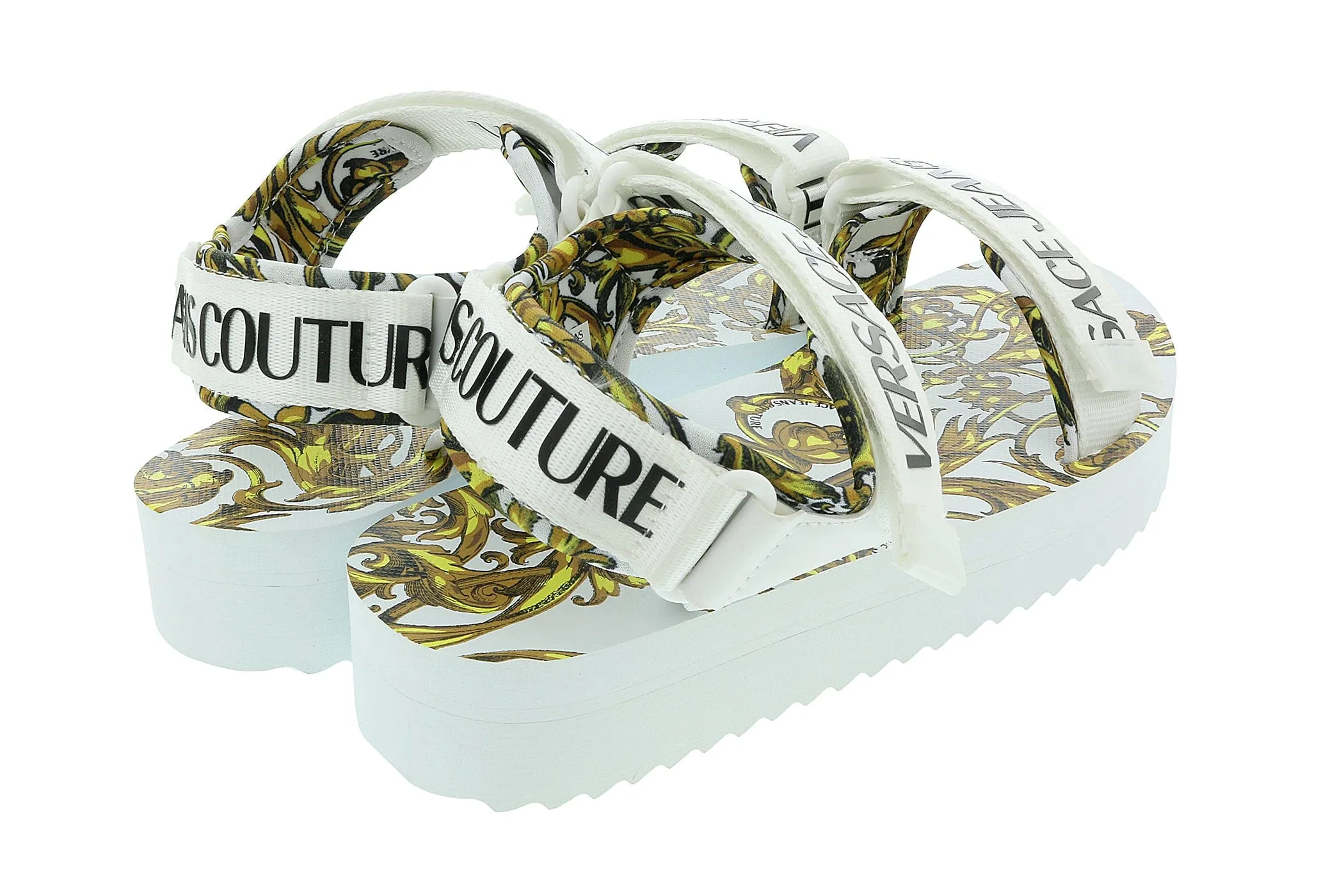 Versace Jeans Couture White Gold Baroque Trek Beach Sandals -