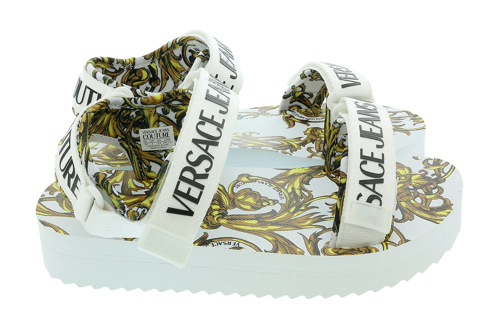 Versace Jeans Couture White Gold Baroque Trek Beach Sandals -
