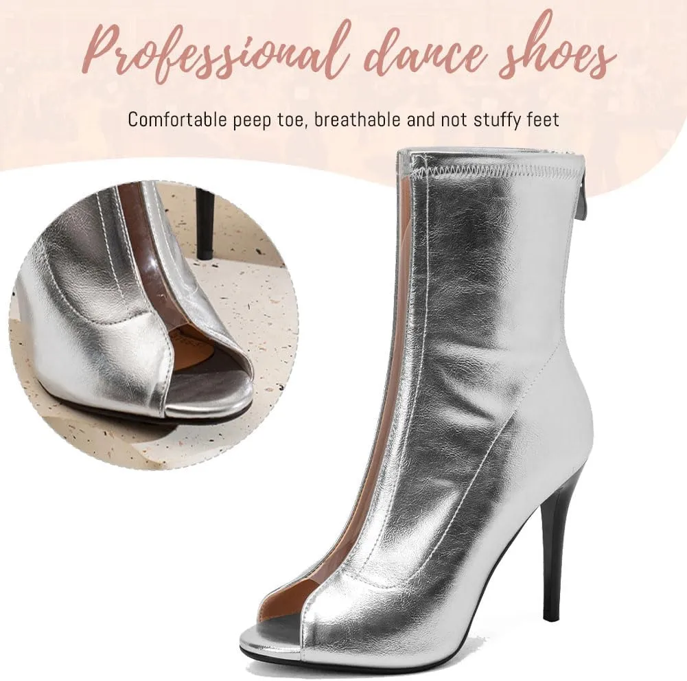 YKXLM Latin Salsa Ballroom Dance Shoes for Women with Zipper Ankle Open Toe Dancing Boots