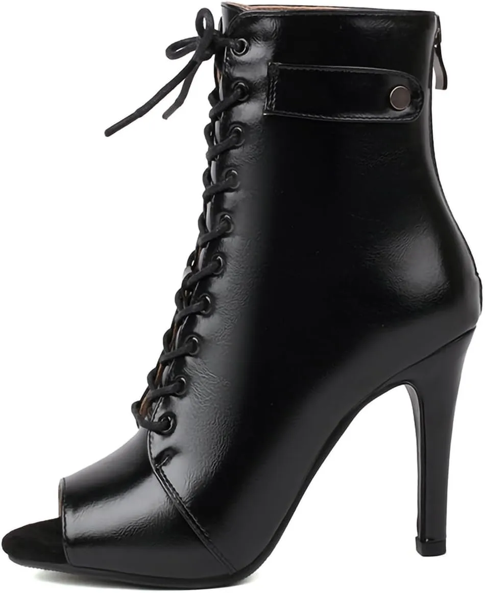 YKXLM Peep Toe Booties Leather for Latin Ballroom Dance Shoes Sexy High Heels for Dancing Practice Dancer Shoes