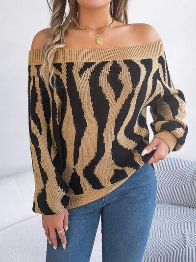 Zebra Print Knitted Off Shoulder Sweater