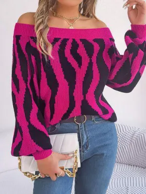 Zebra Print Knitted Off Shoulder Sweater