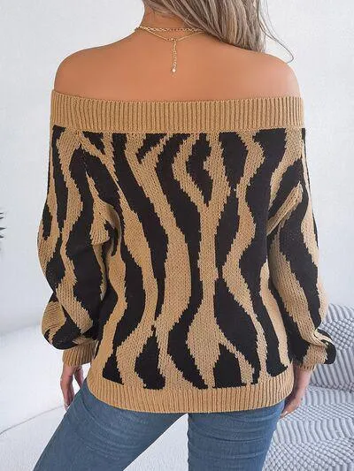 Zebra Print Knitted Off Shoulder Sweater