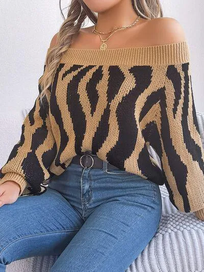 Zebra Print Knitted Off Shoulder Sweater