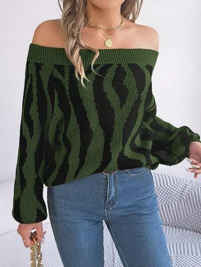 Zebra Print Knitted Off Shoulder Sweater