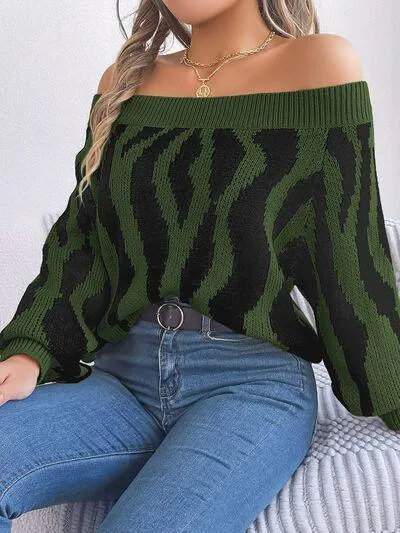 Zebra Print Knitted Off Shoulder Sweater