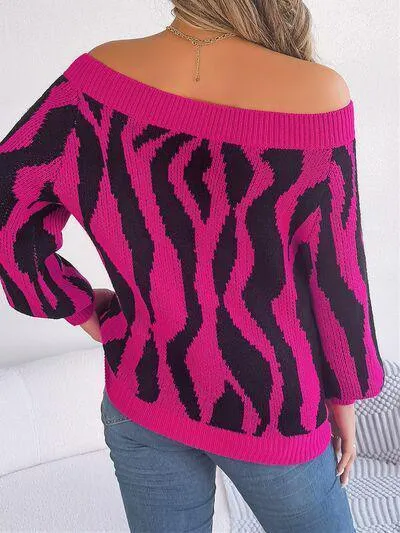 Zebra Print Knitted Off Shoulder Sweater
