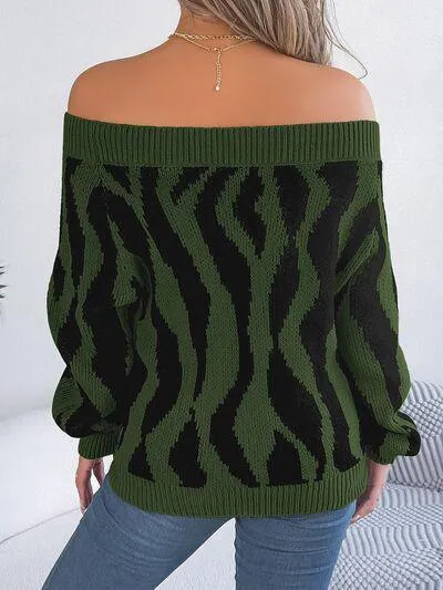 Zebra Print Knitted Off Shoulder Sweater