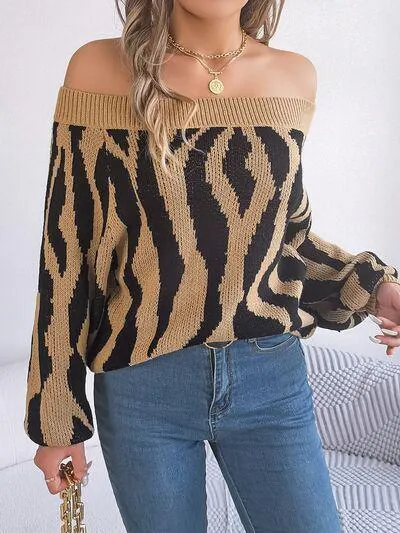 Zebra Print Knitted Off Shoulder Sweater