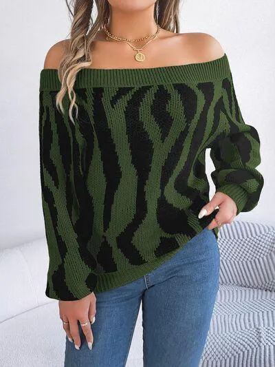 Zebra Print Knitted Off Shoulder Sweater